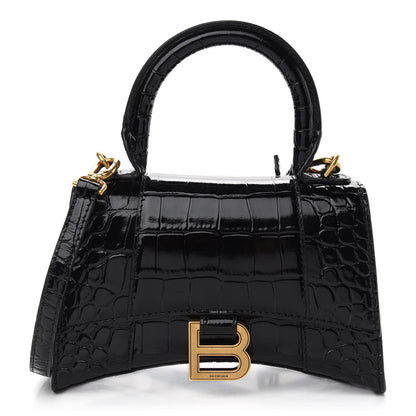 Balenciaga Shiny Calfskin Crocodile Embossed Hourglass Top Handle Bag XS Black 1 of 8