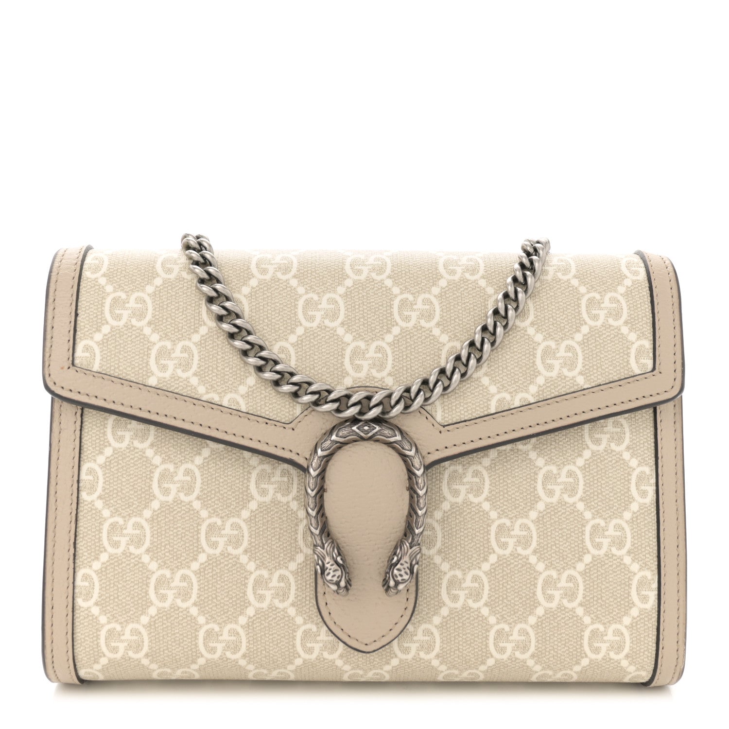 Gucci GG Supreme Monogram Textured Dollar Calfskin Mini Dionysus Chain Wallet Beige Mystic White Oatmeal 1 of 14