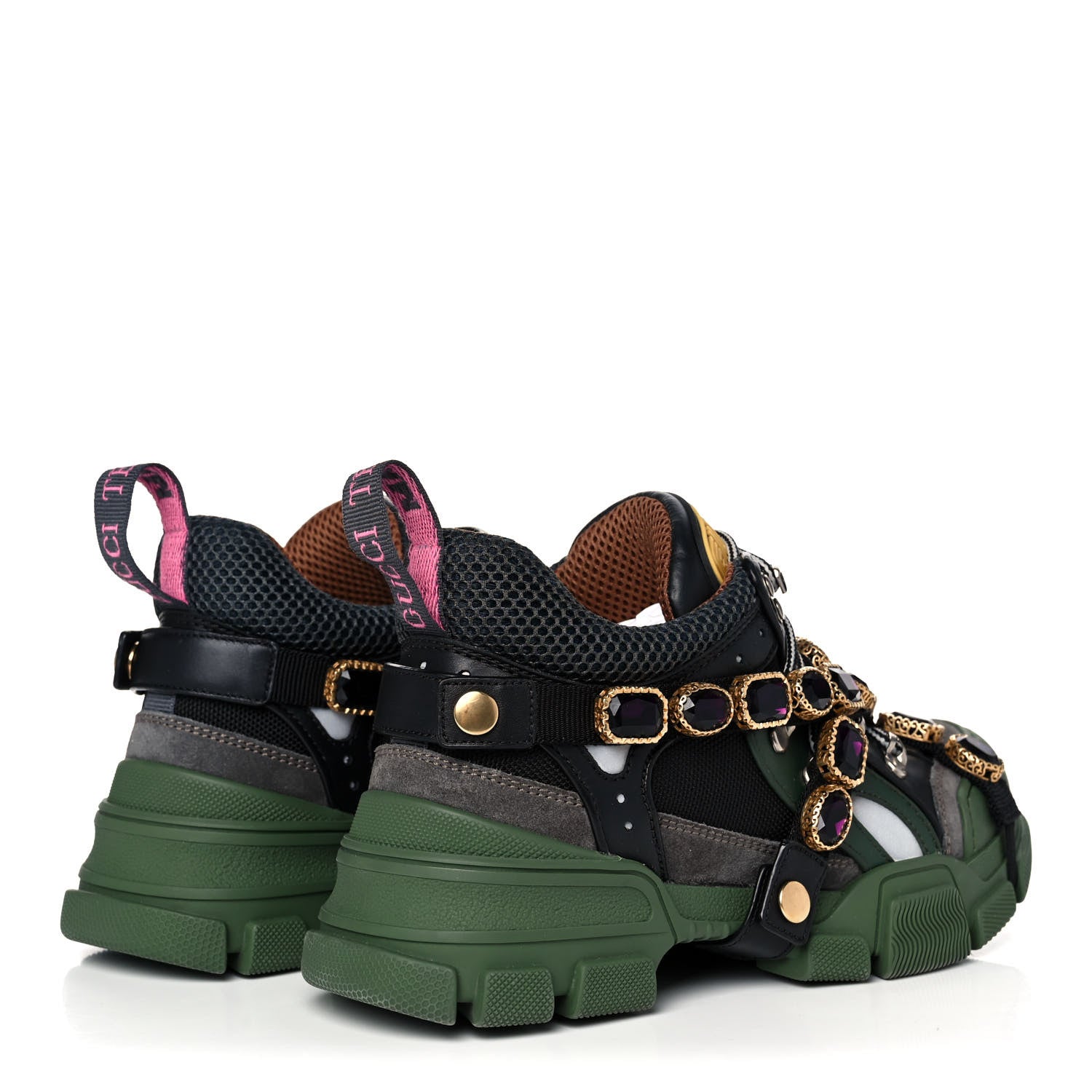 Gucci X SEGA Mesh Suede Calfskin Removable Crystals Flashtrek Sneakers 37.5 Loess Black Olive Green 4 of 8