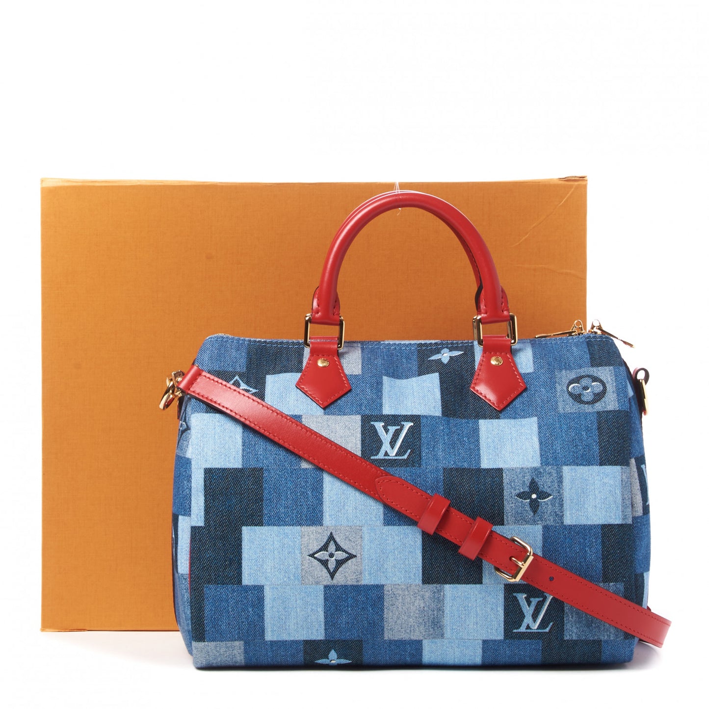 Denim Damier Monogram Patchwork Speedy Bandouliere 30 Blue Rouge