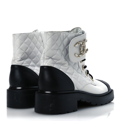 Chanel Shiny Lambskin Quilted Lace Up Combat Boots 39.5 White Black 5 of 18