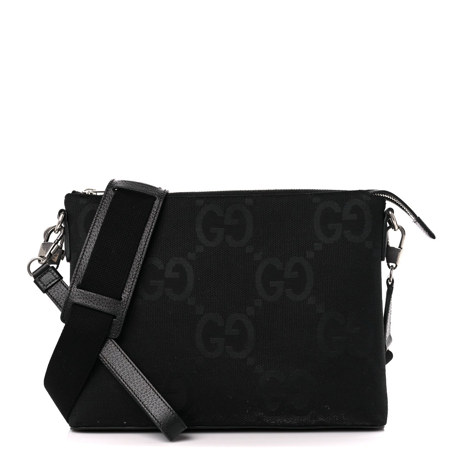 Gucci Monogram Jumbo GG Textured Dollar Calfskin Wristlet Messenger Bag Black 1 of 10