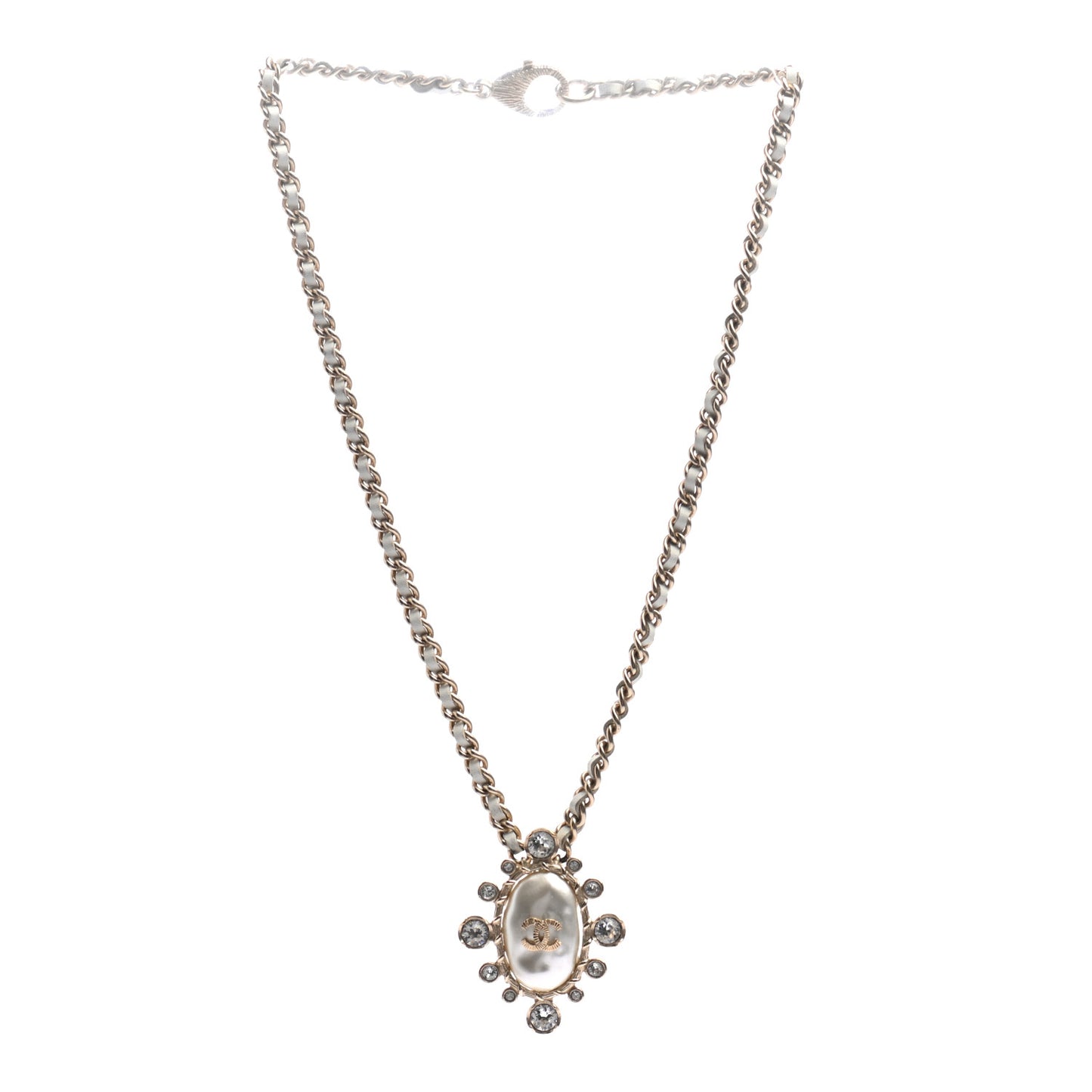 Lambskin Pearl Crystal CC Pendant Necklace Gold