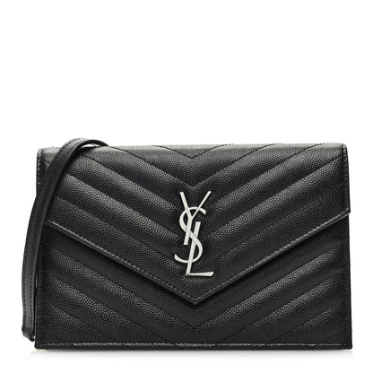 Saint Laurent Grain De Poudre Matelasse Chevron Monogram Envelope Chain Wallet Black 1 of 10