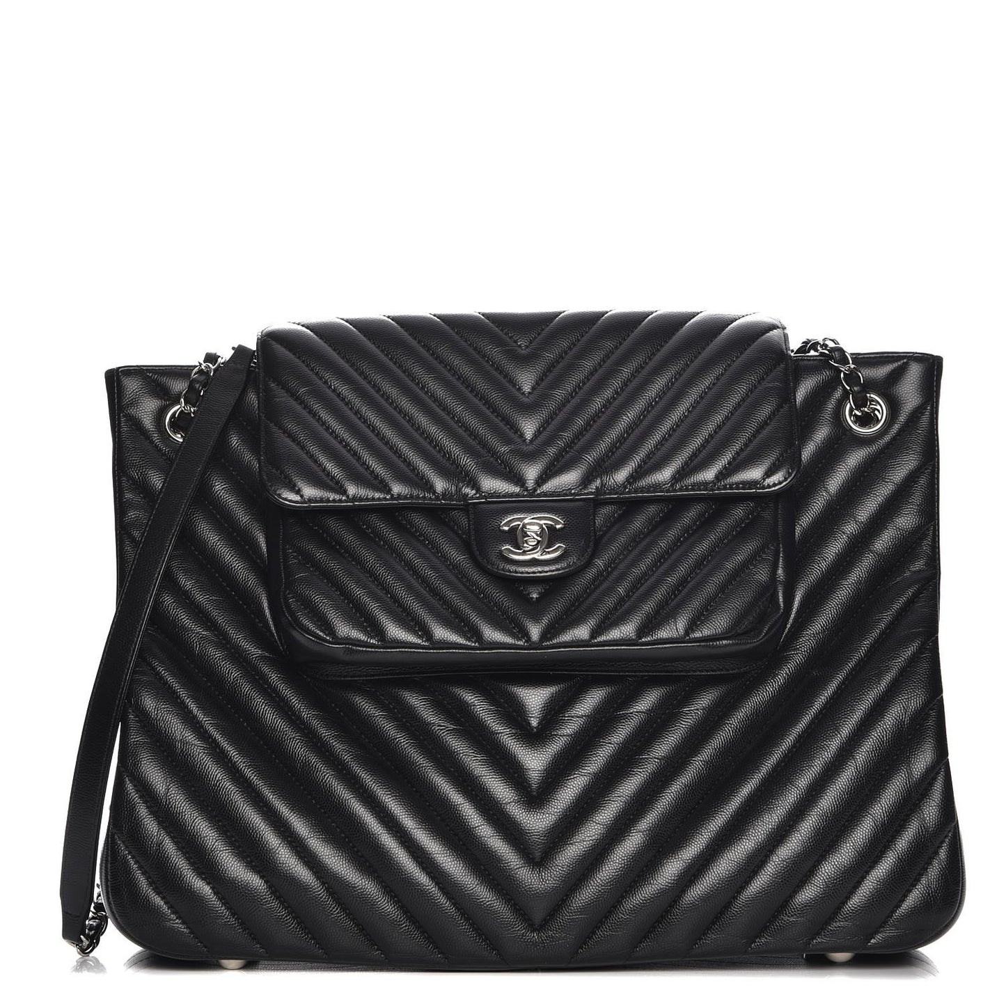 Caviar Chevron Quilted Flap Tote Black