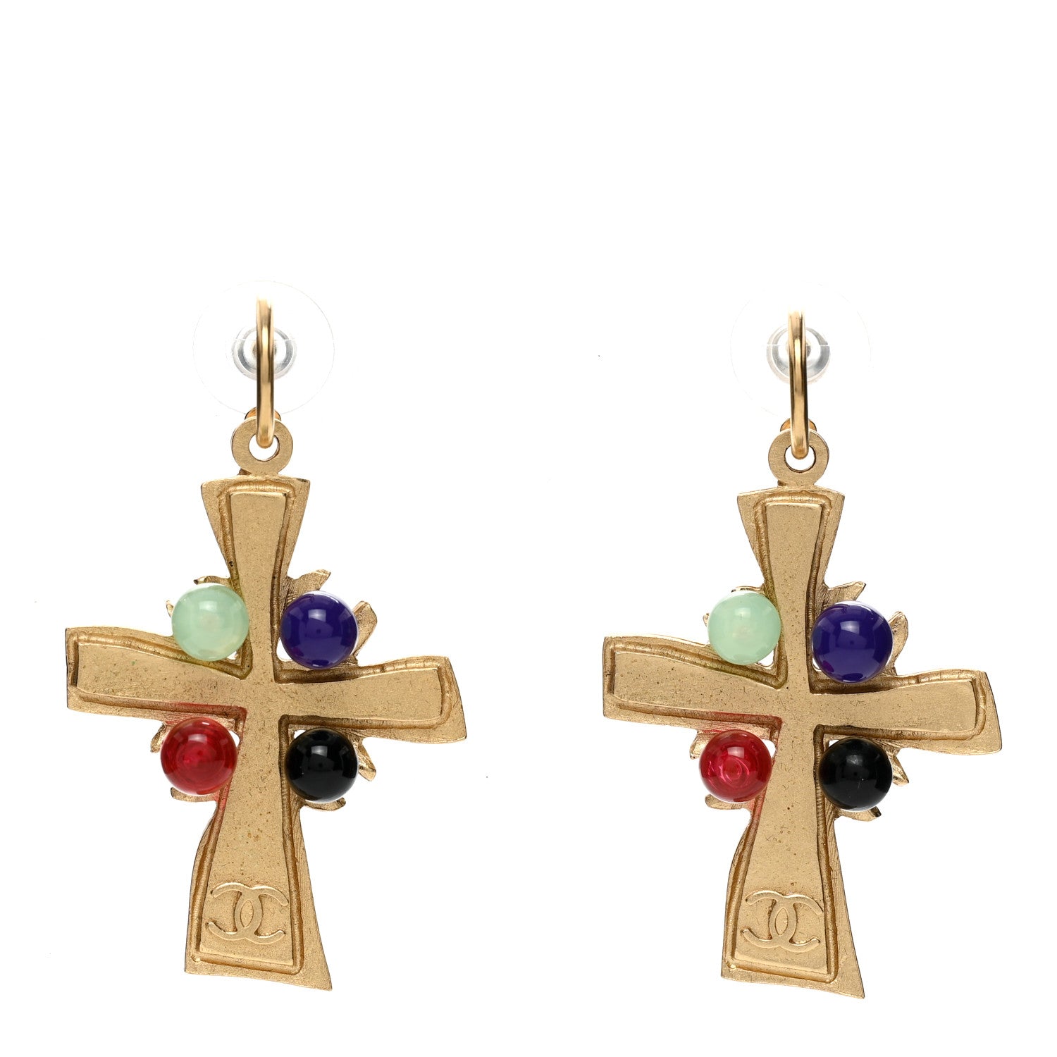 Chanel Resin Pearl Gripoix CC Cross Drop Earrings Gold Multicolor 1 of 4