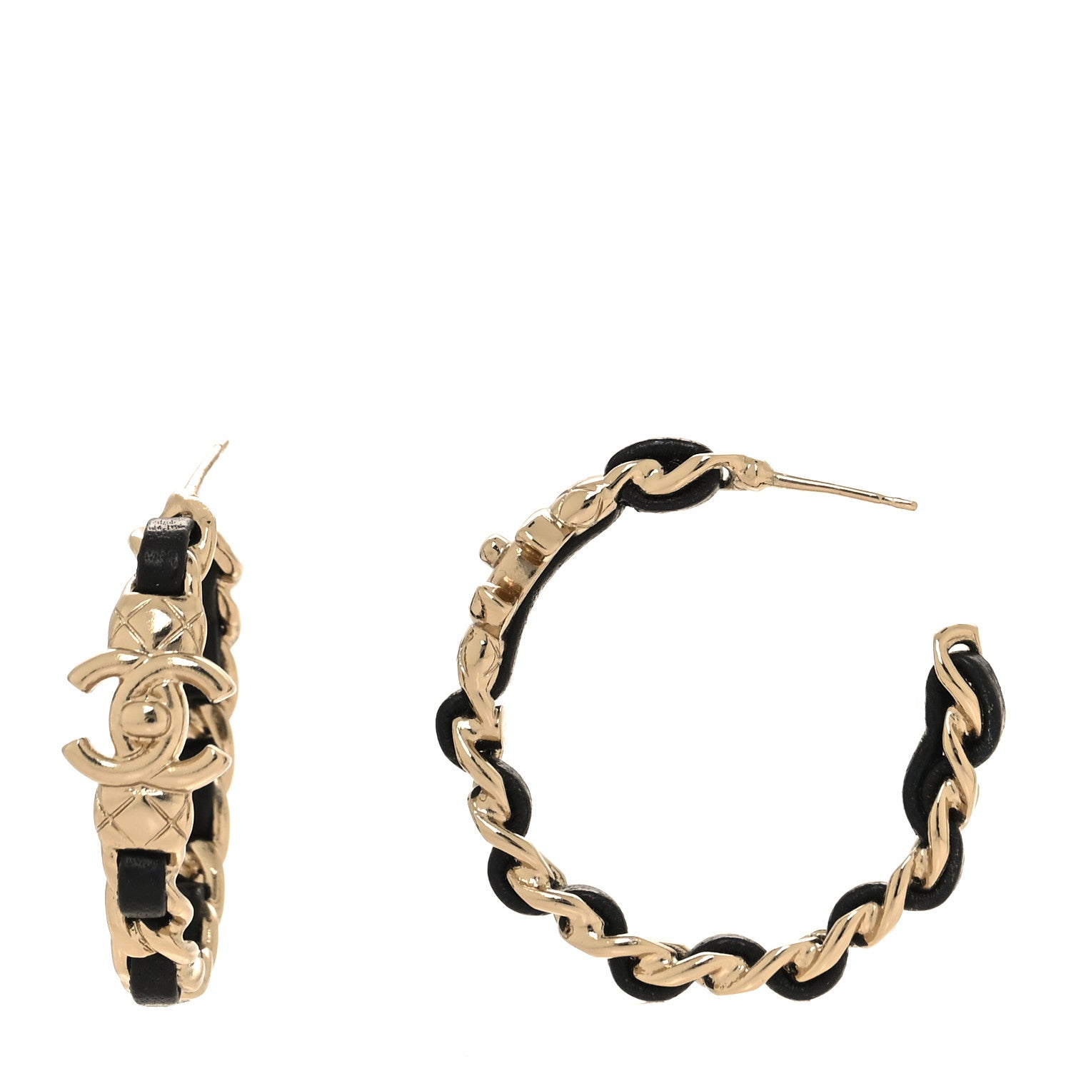 Chanel Metal Lambskin Quilted CC Turnlock Chain Hoop Earrings Gold Black 1 of 4