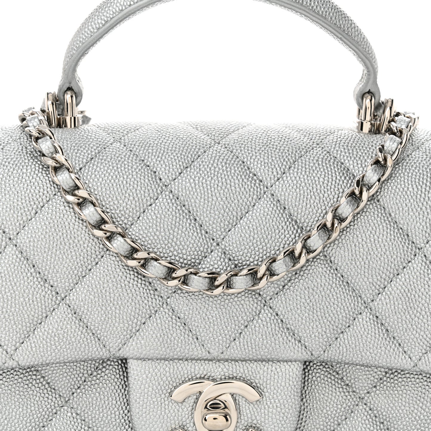 Metallic Caviar Quilted Mini Top Handle Rectangular Flap Silver