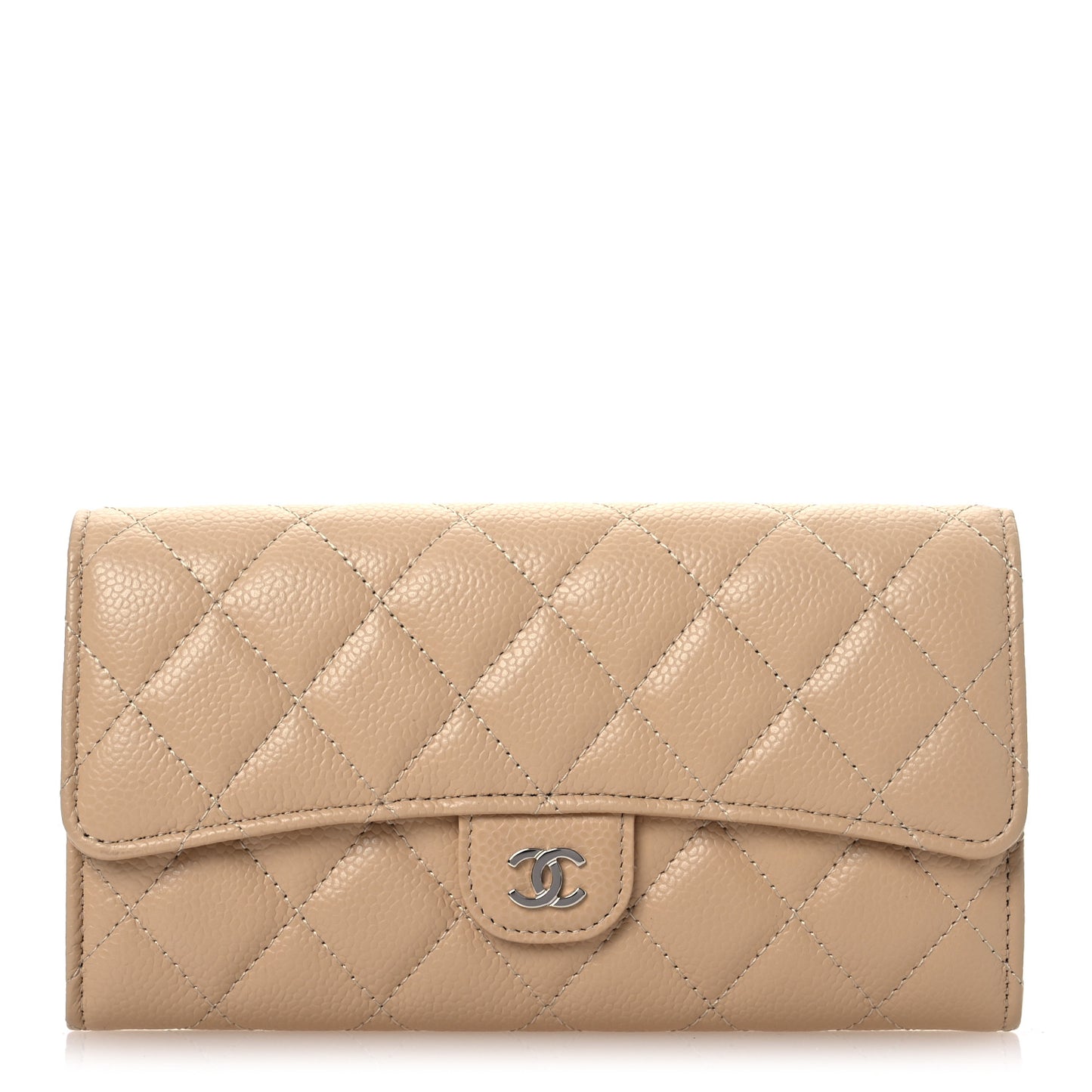 Caviar Quilted Large Gusset Flap Wallet Beige