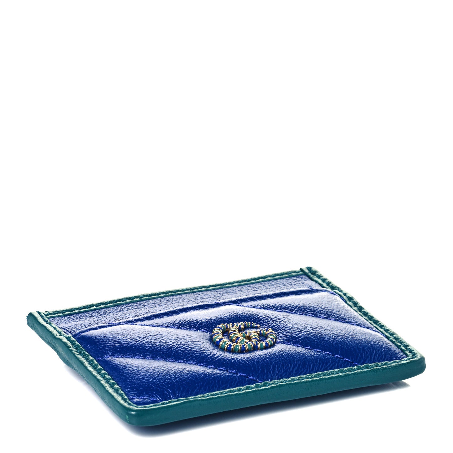 Azalea Calfskin Matelasse Diagonal Enamel Torchon GG Marmont Card Holder Imperial Blue Pavone