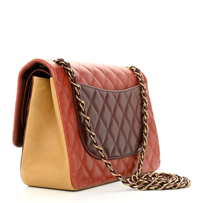 Chanel Lambskin Quilted Tri-Color Jumbo Double Flap Orange Burgundy Yellow 3 of 14