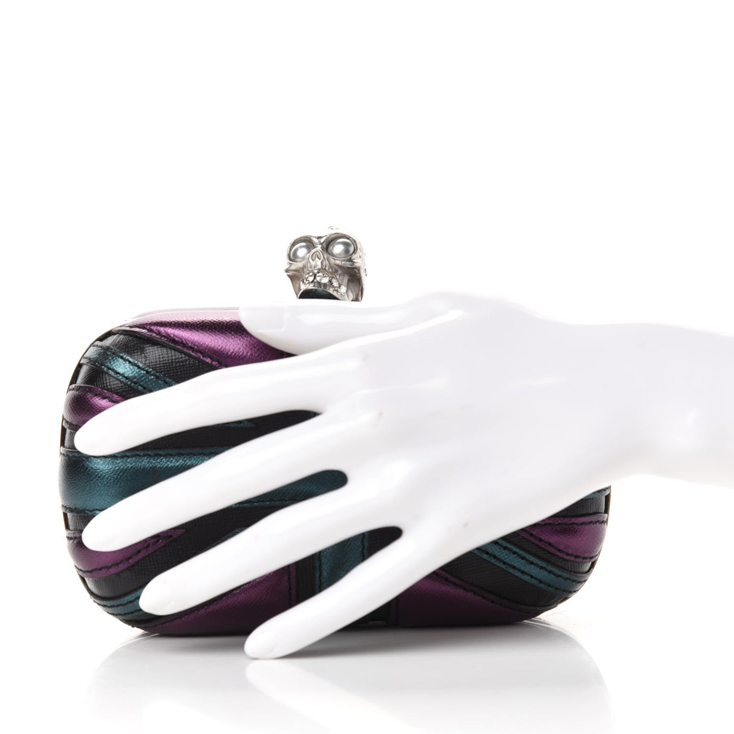 Metallic Saffiano Britannia Skull Box Clutch Green Black Purple