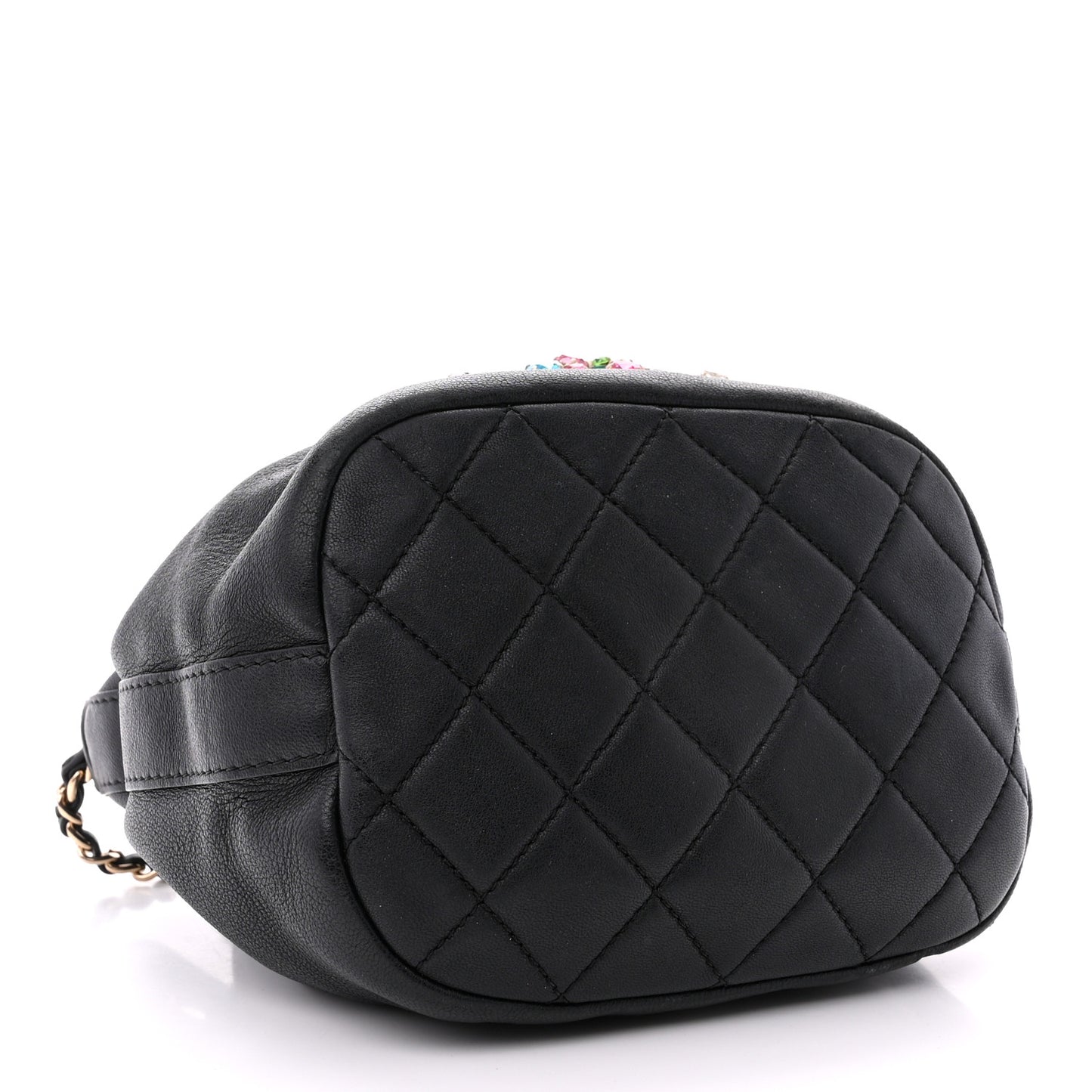 Lambskin Calfskin Quilted Mini Strass Mania Drawstring Bucket Bag Black