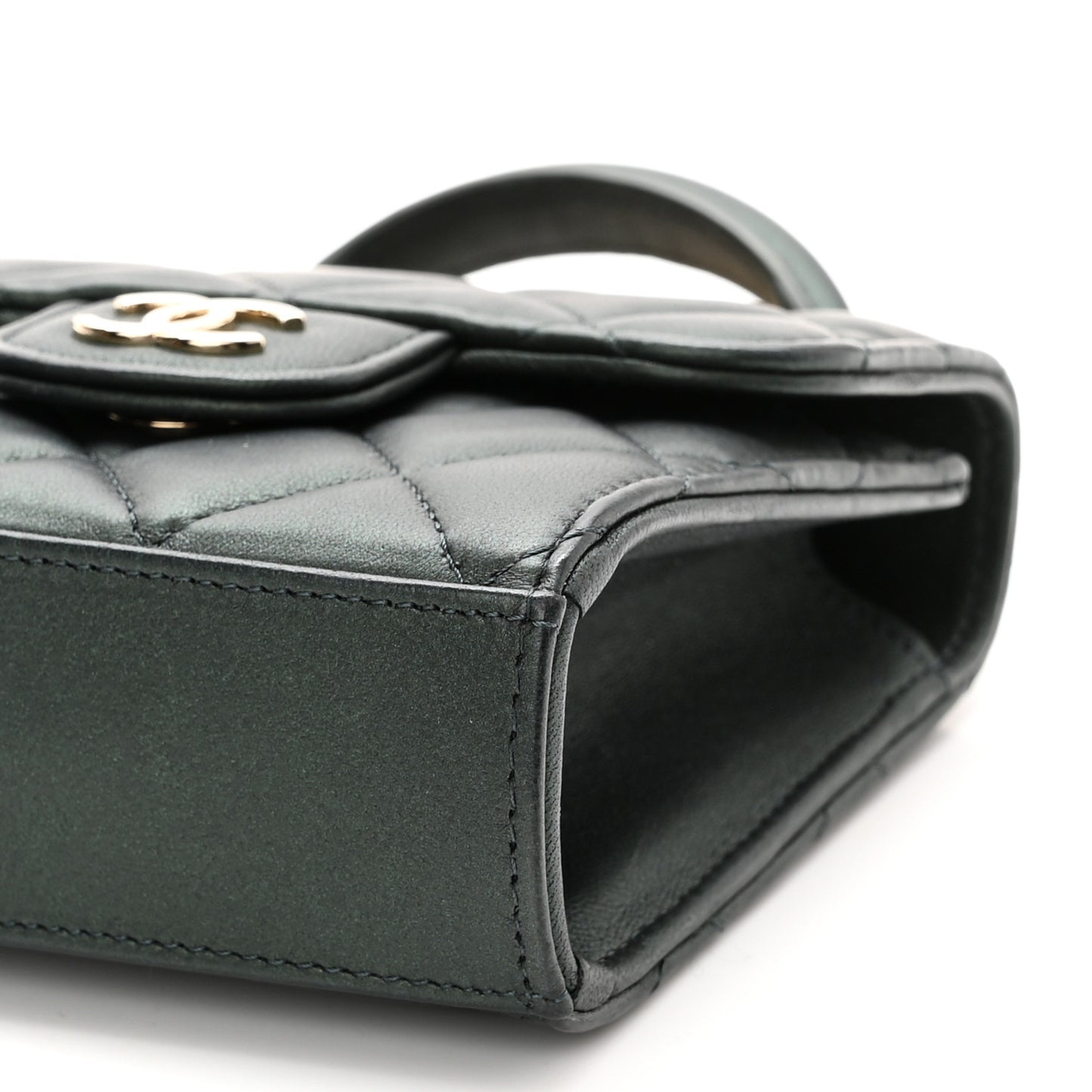 Iridescent Lambskin Quilted Top Handle Clutch With Chain Dark Green