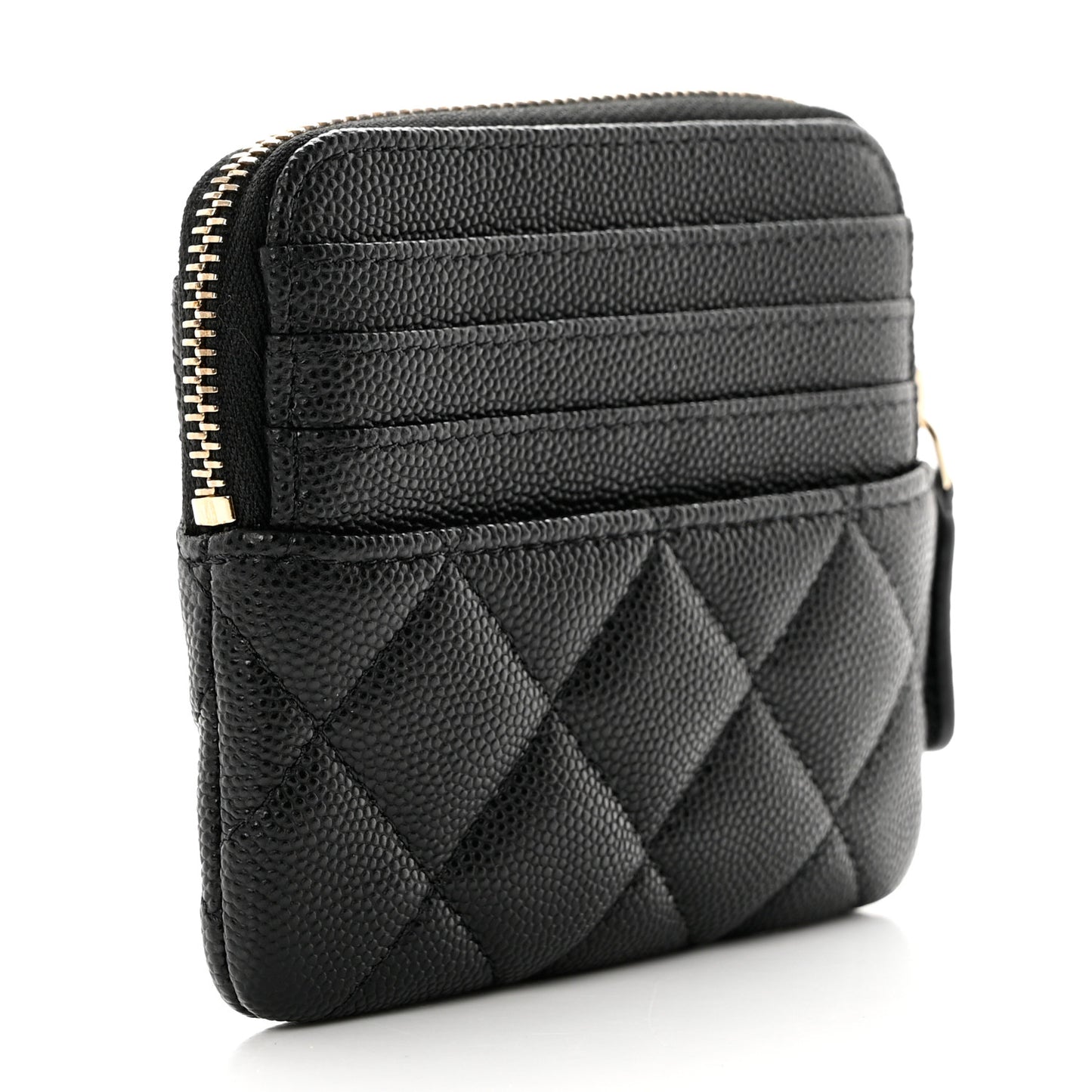 Caviar Metal Quilted Striated Zip Card Holder Wallet Black