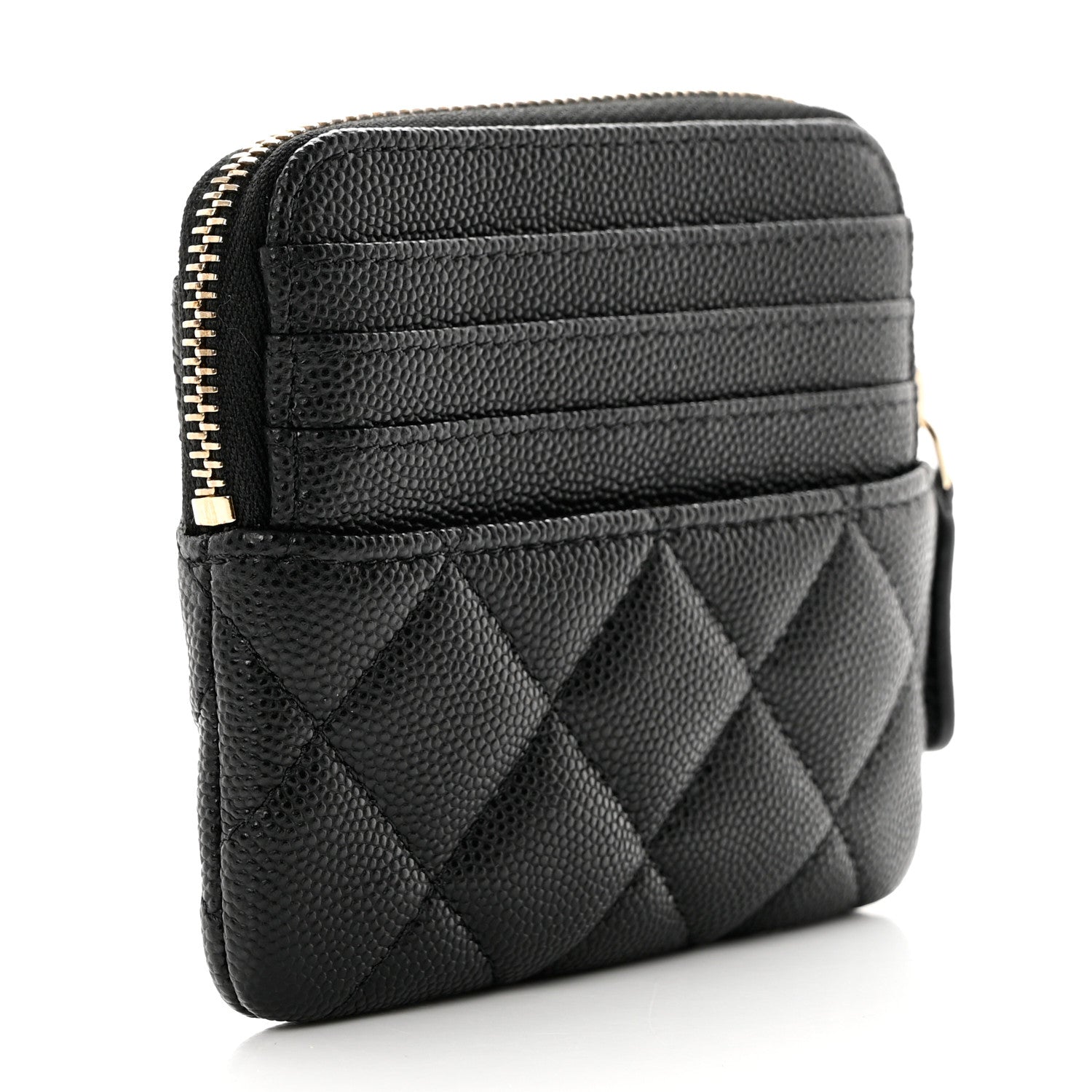 Chanel Caviar Metal Quilted Striated Zip Card Holder Wallet Black 3 of 9