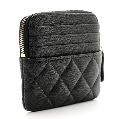 Chanel Caviar Metal Quilted Striated Zip Card Holder Wallet Black 3 of 9