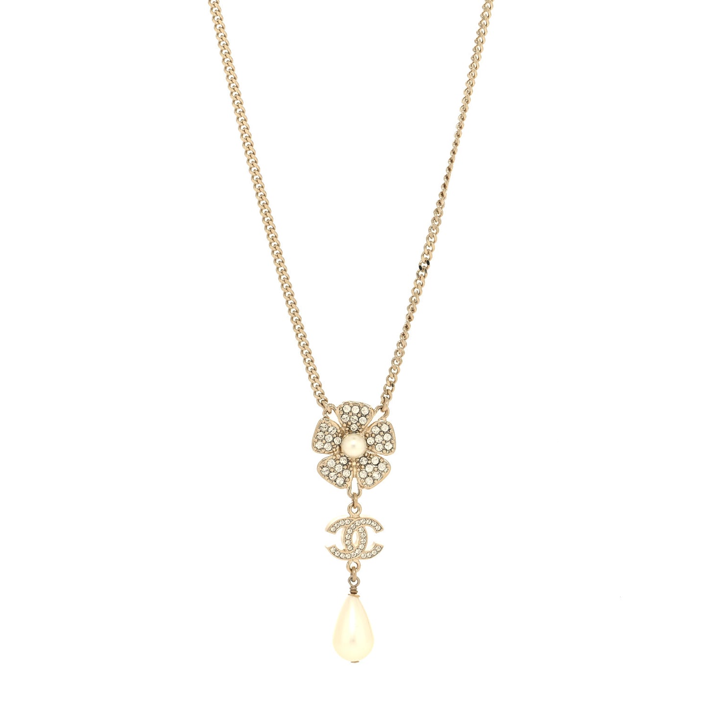 Crystal Pearl CC Flower Drop Necklace Gold