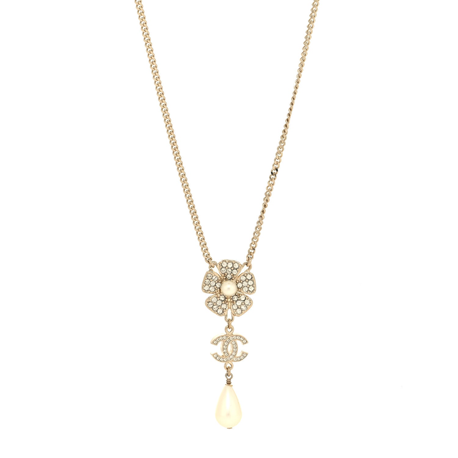 Chanel Crystal Pearl CC Flower Drop Necklace Gold 1 of 5