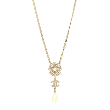 Chanel Crystal Pearl CC Flower Drop Necklace Gold 1 of 5