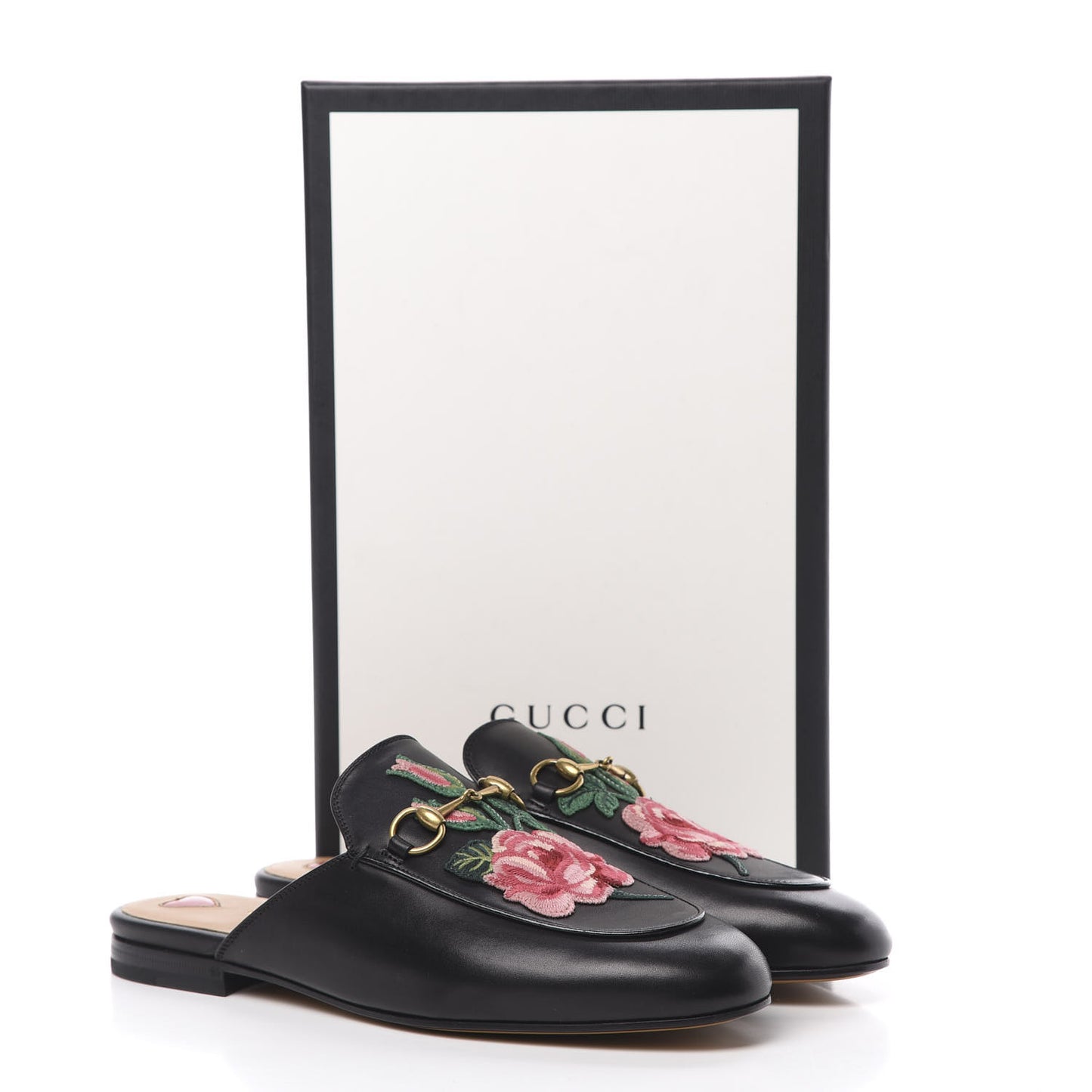 Calfskin Flower Embroidered Princetown Slippers 39 Black