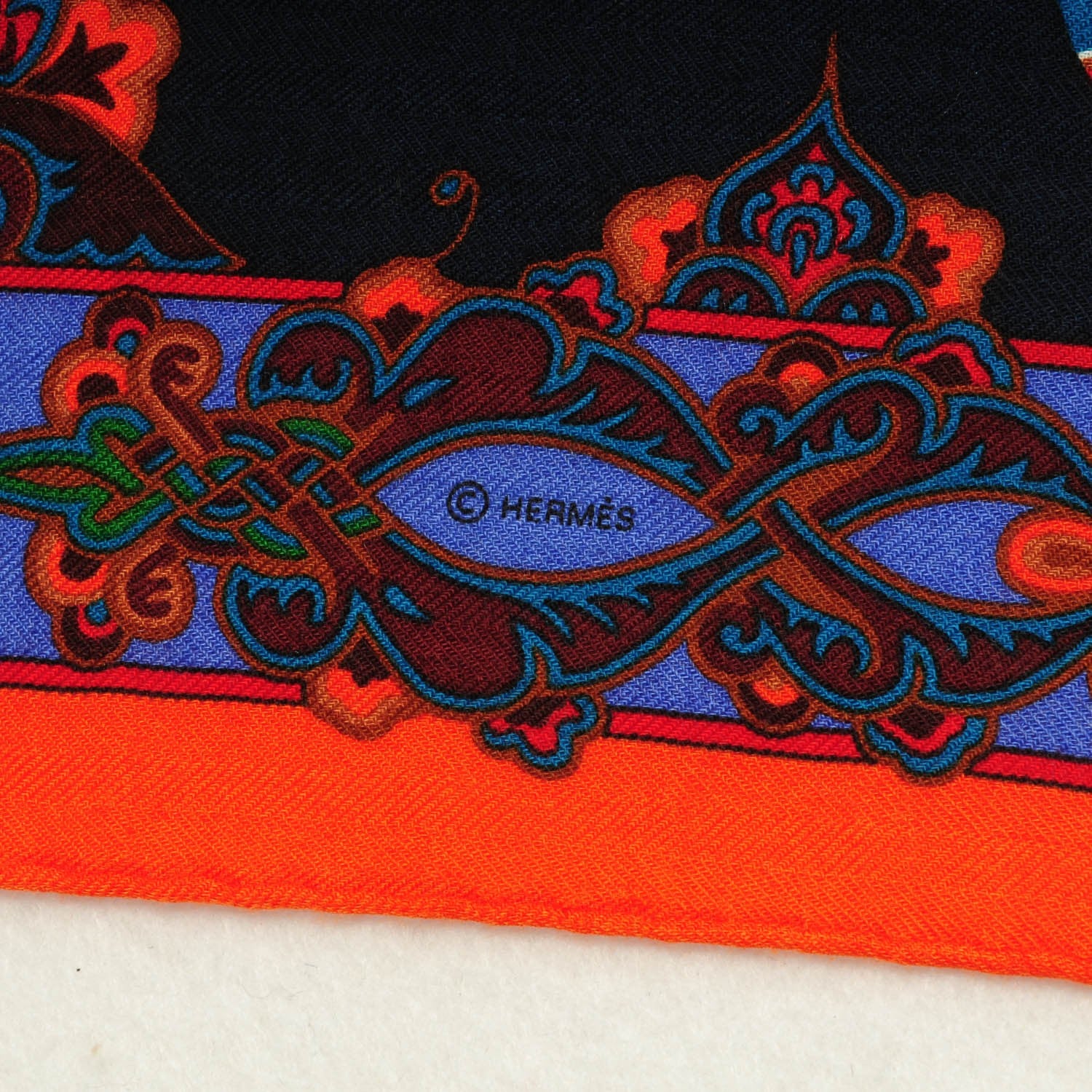 Hermes Cashmere Silk Lettres d'Erevan Shawl 140 Marine Canard Orange 5 of 6