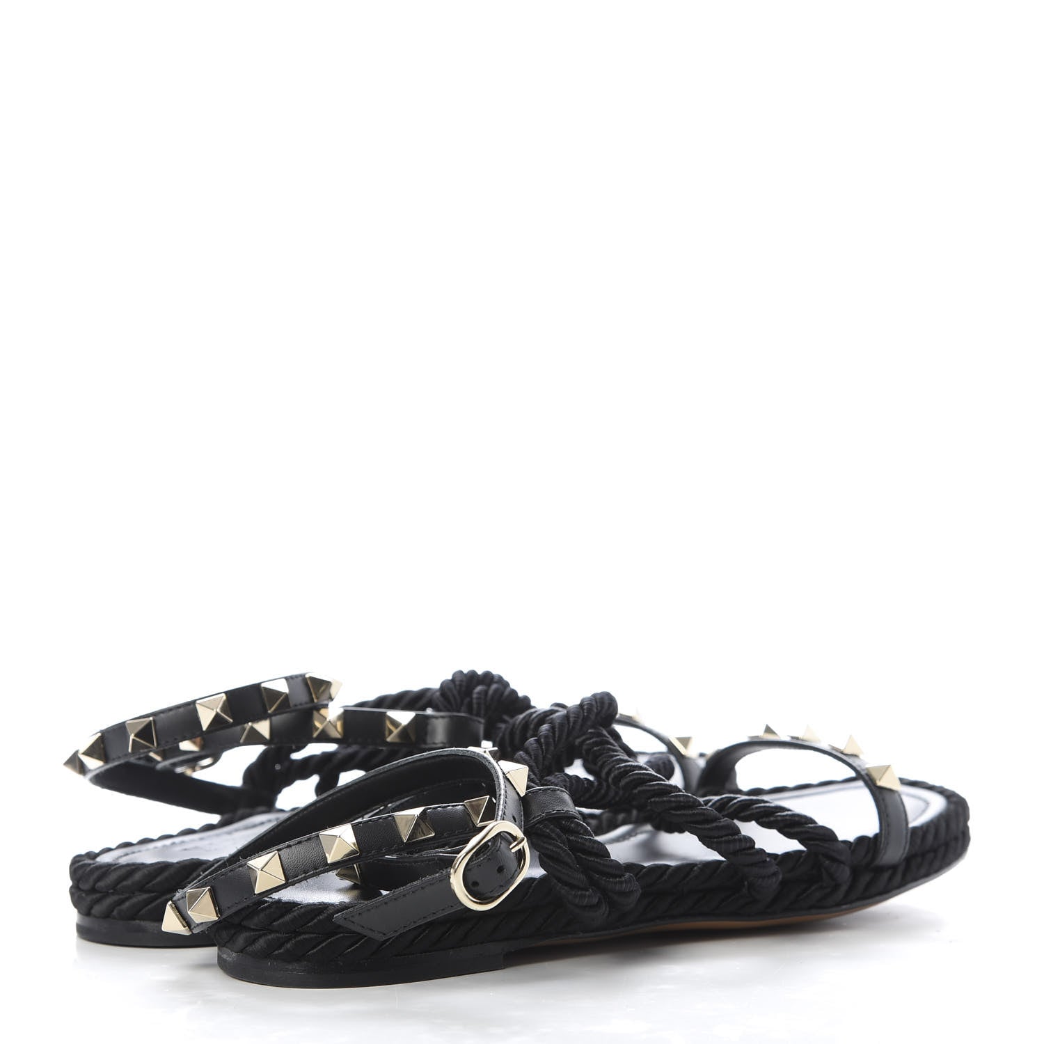 Valentino Garavani Calfskin Rockstud Torchon Rope Espadrille Flat Sandals 35 Black 4 of 10