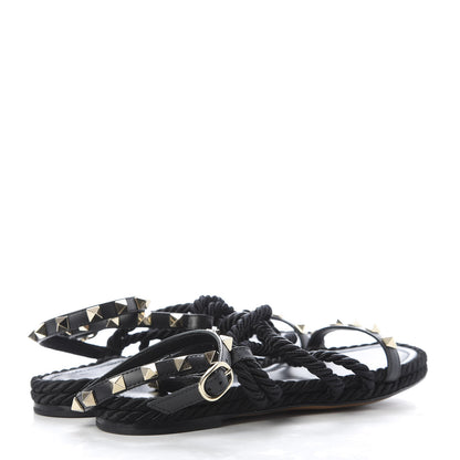 Valentino Garavani Calfskin Rockstud Torchon Rope Espadrille Flat Sandals 35 Black 4 of 10