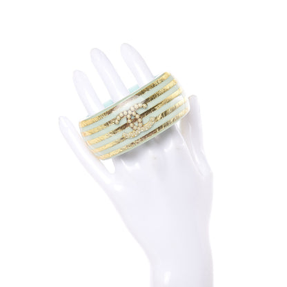 Chanel Resin Striped Pearl CC Cuff Light Blue Gold 2 of 6