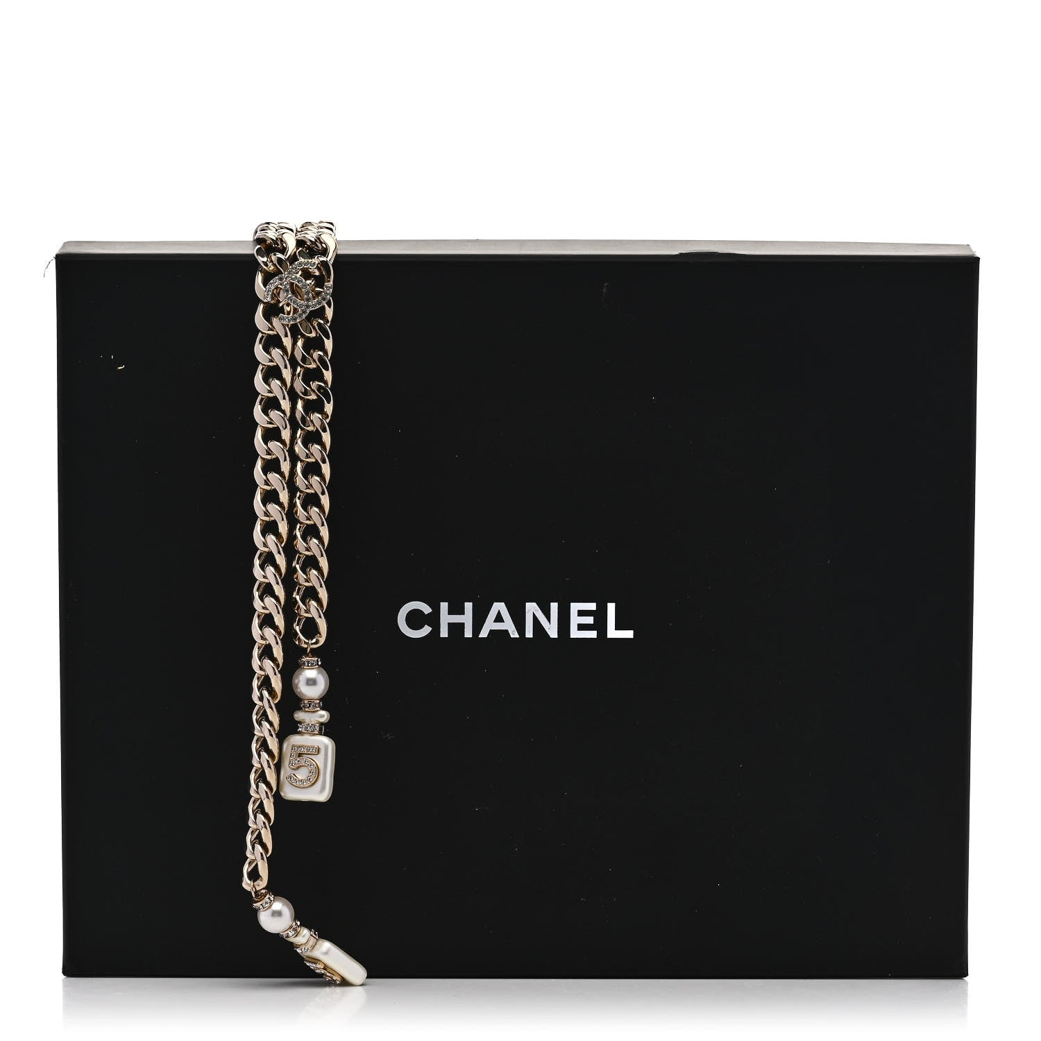 Chanel Pearl Resin Crystal CC No 5 Perfume Bottle Chain Gold 7 of 7