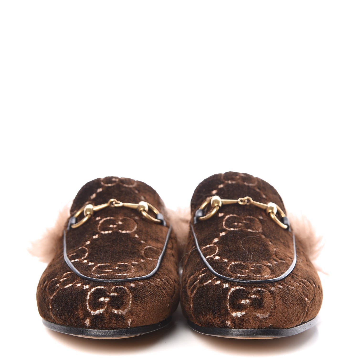 Gucci Velvet GG Monogram Fur Womens Princetown Slippers 35 Brown Black Natural 2 of 8