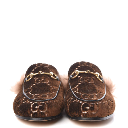 Gucci Velvet GG Monogram Fur Womens Princetown Slippers 35 Brown Black Natural 2 of 8