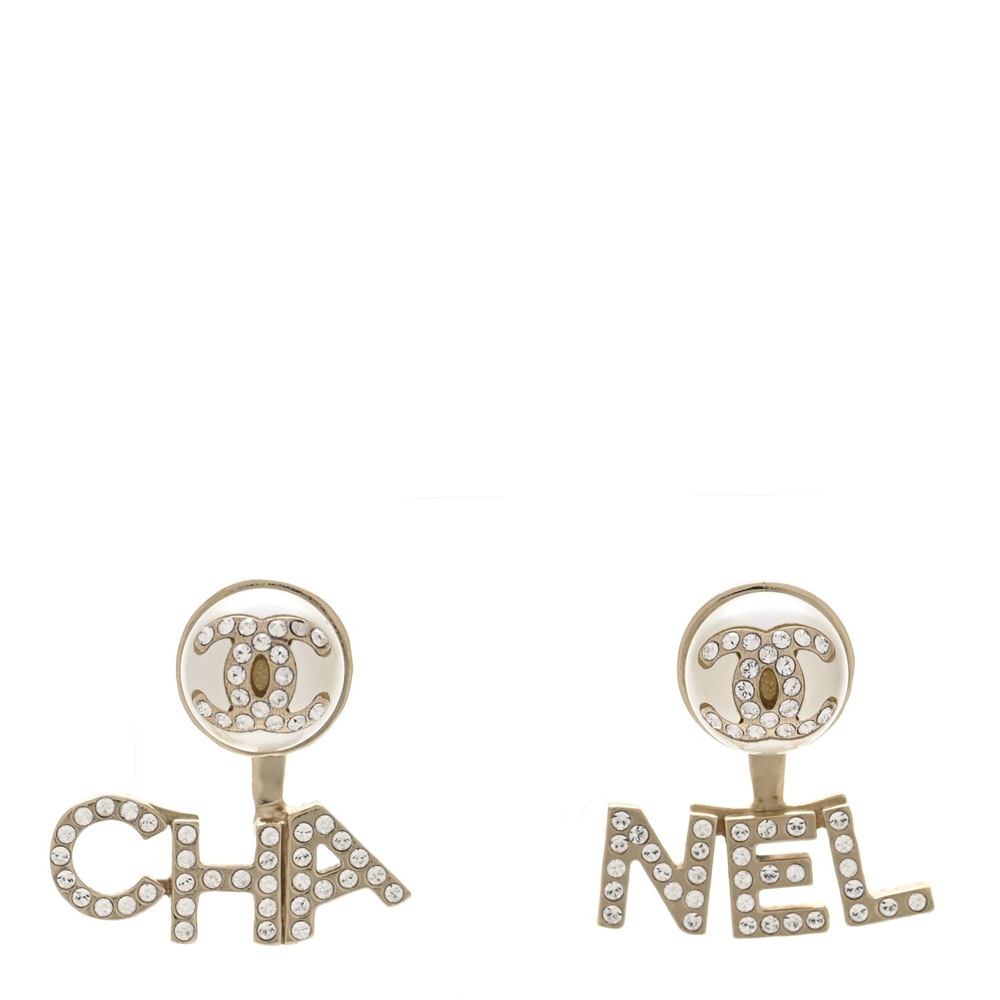 Crystal Pearl Cha-Nel Logo Earrings Gold