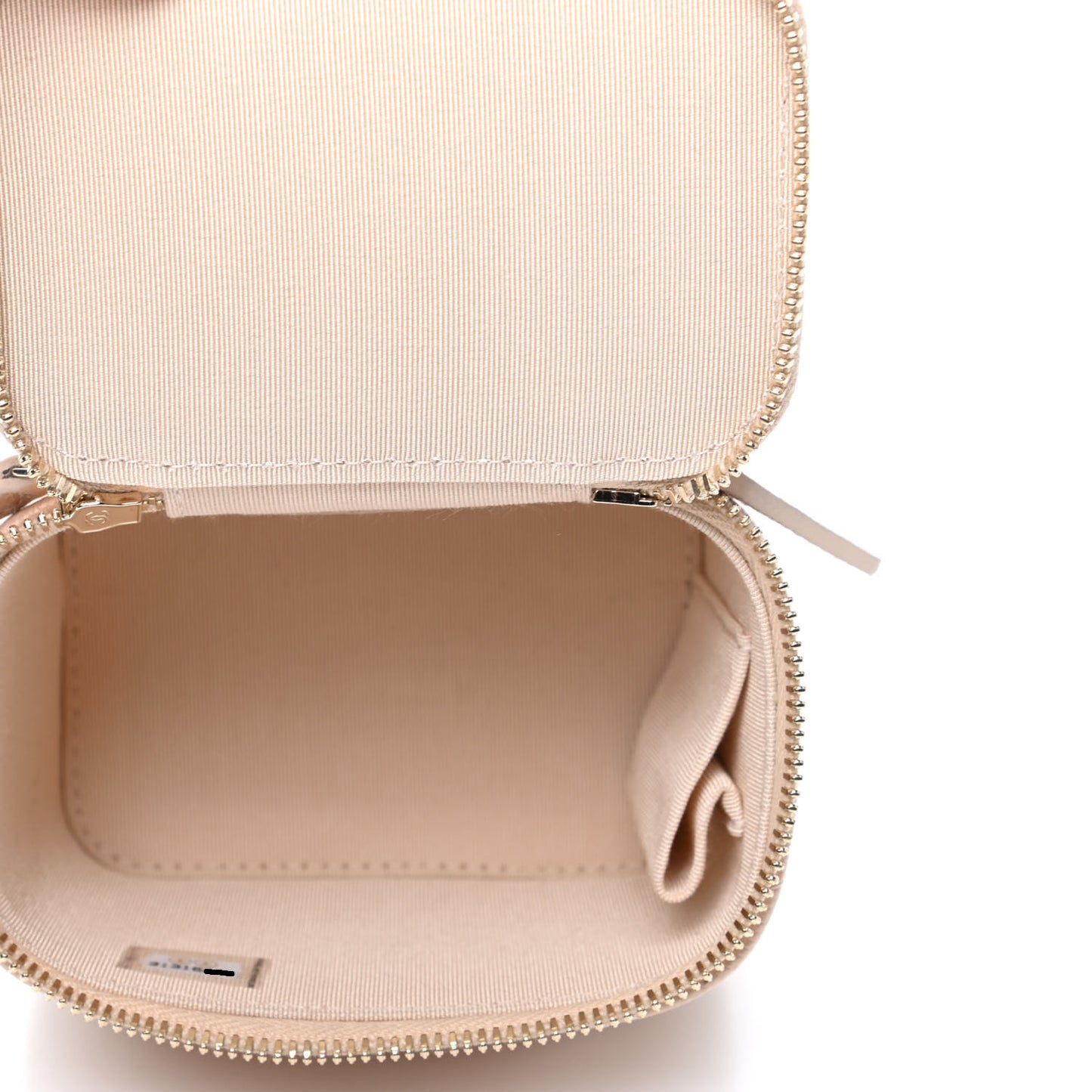 Iridescent Caviar Quilted Mini Pearl On Top Vanity Case With Chain Beige