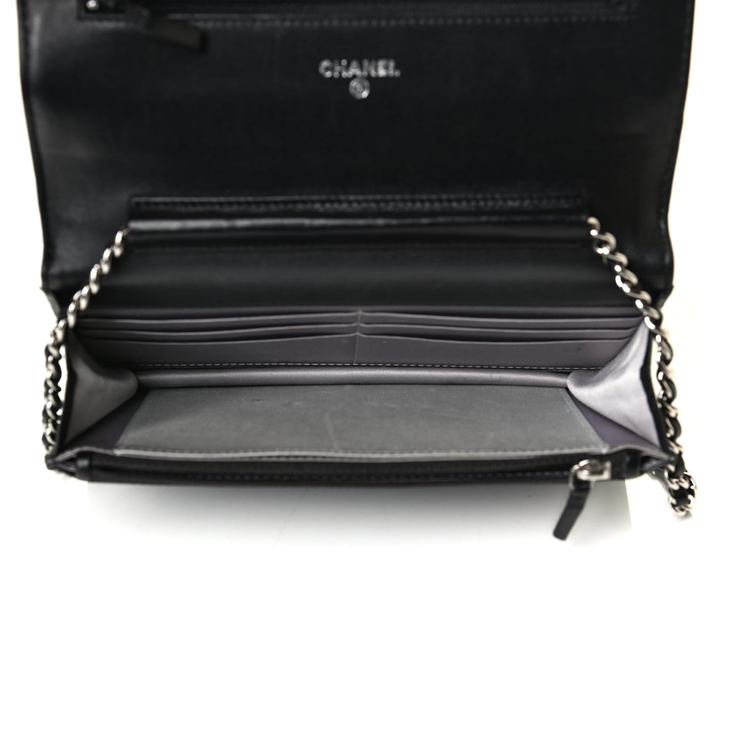 Lambskin Camellia Embossed Wallet on Chain WOC Black