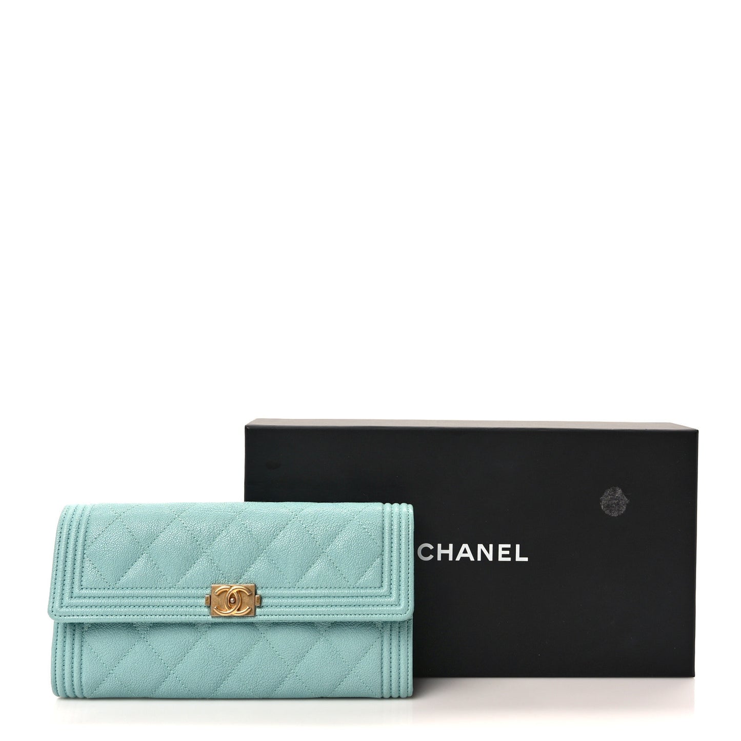 Caviar Quilted Large Boy Gusset Flap Wallet Light Blue