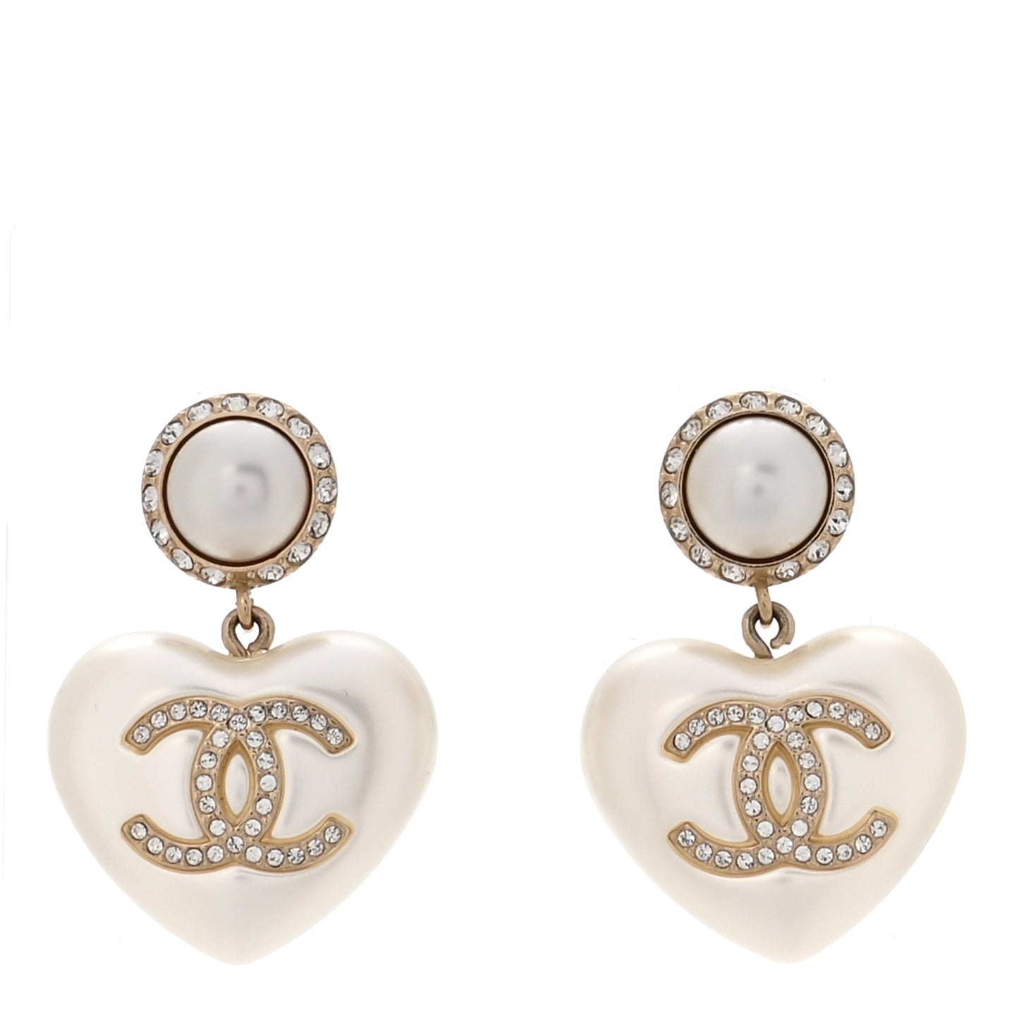 Pearl Crystal CC Heart Drop Earrings Gold
