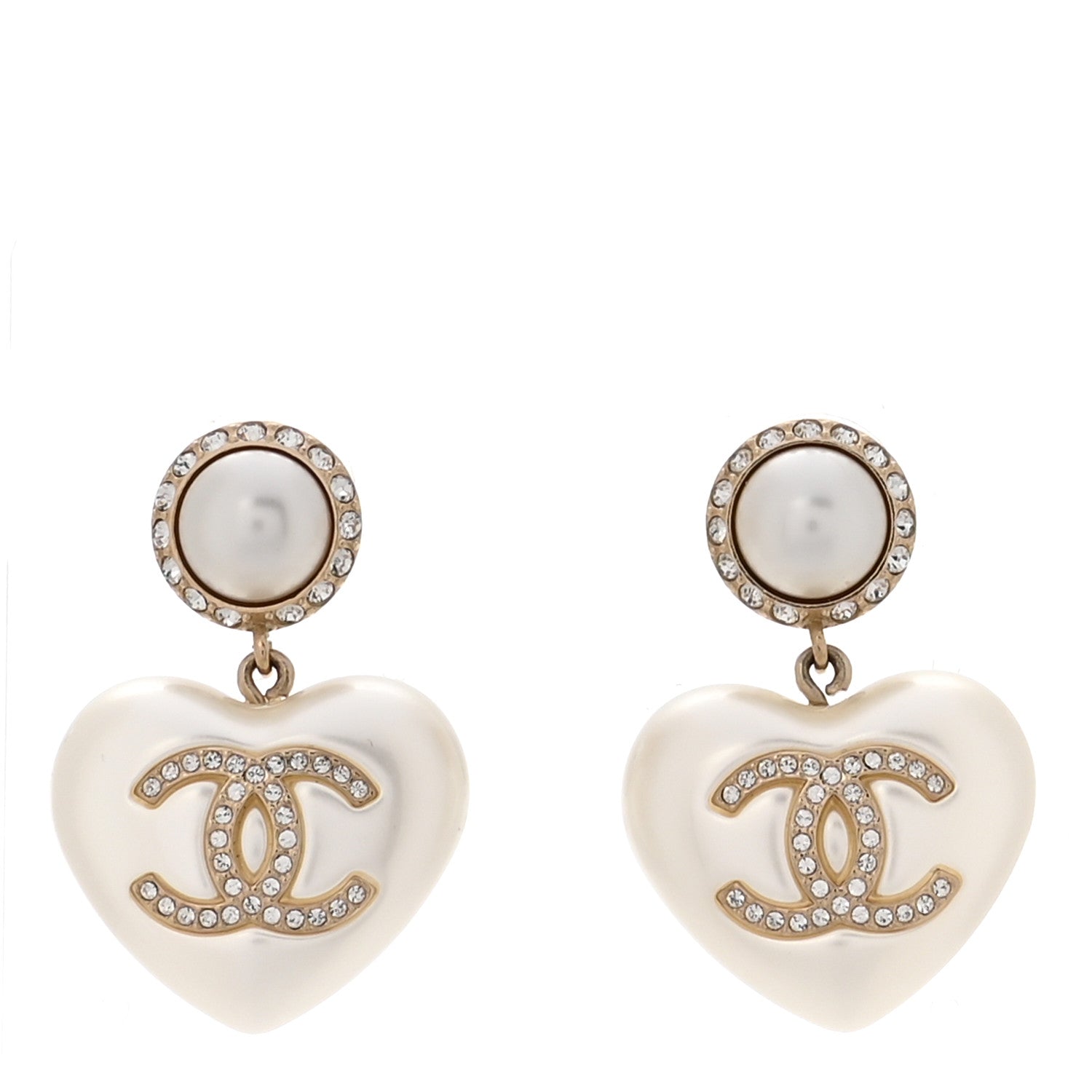 Chanel Pearl Crystal CC Heart Drop Earrings Gold 2 of 6