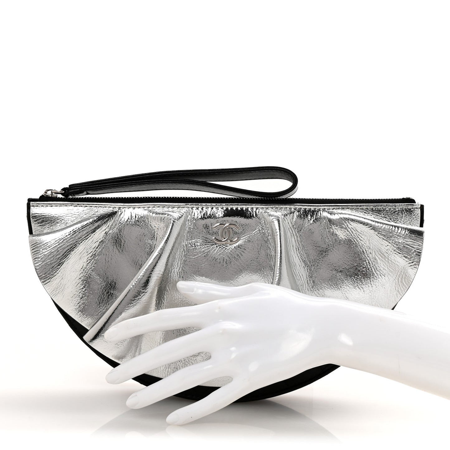 Metallic Lambskin Wave Clutch Black Silver