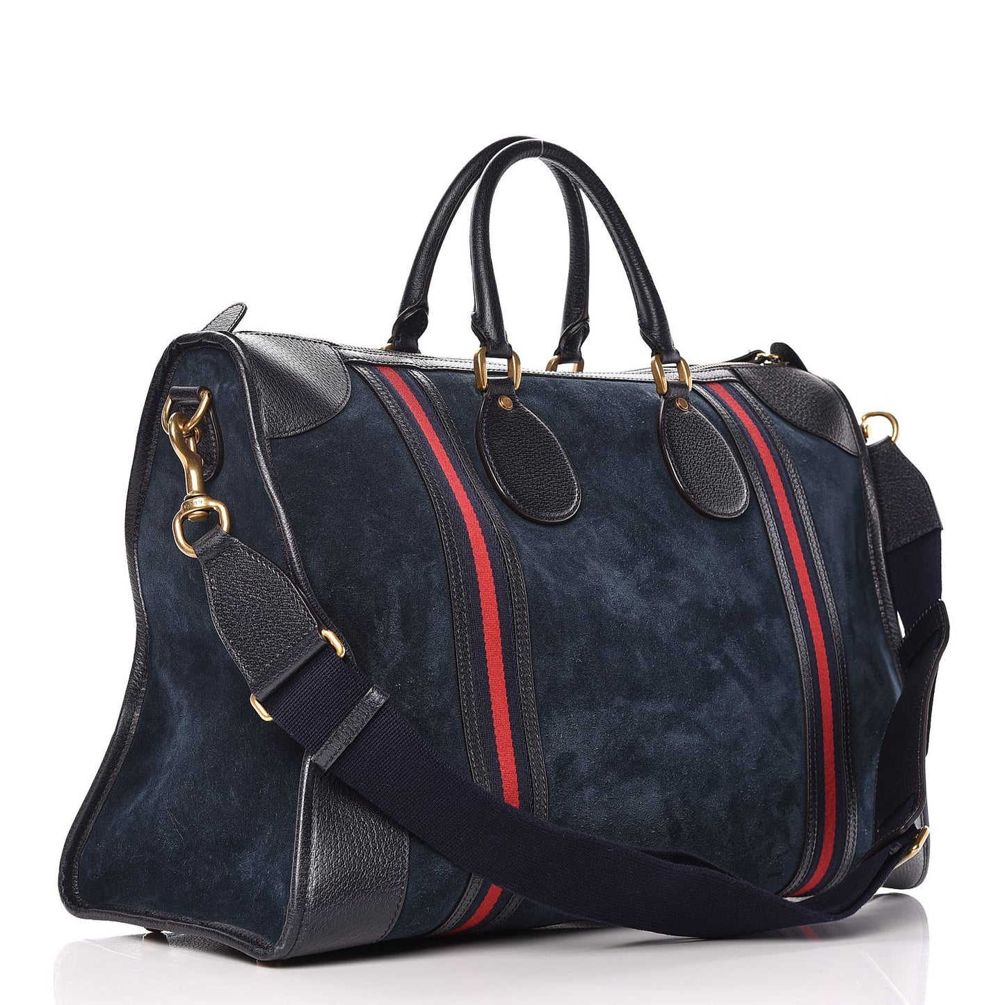 Suede Daino Textured Dollar Calfskin Web Large Duffle Bag Blue