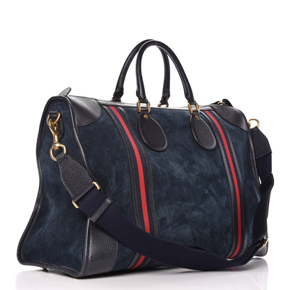 Gucci Suede Daino Textured Dollar Calfskin Web Large Duffle Bag Blue 3 of 19
