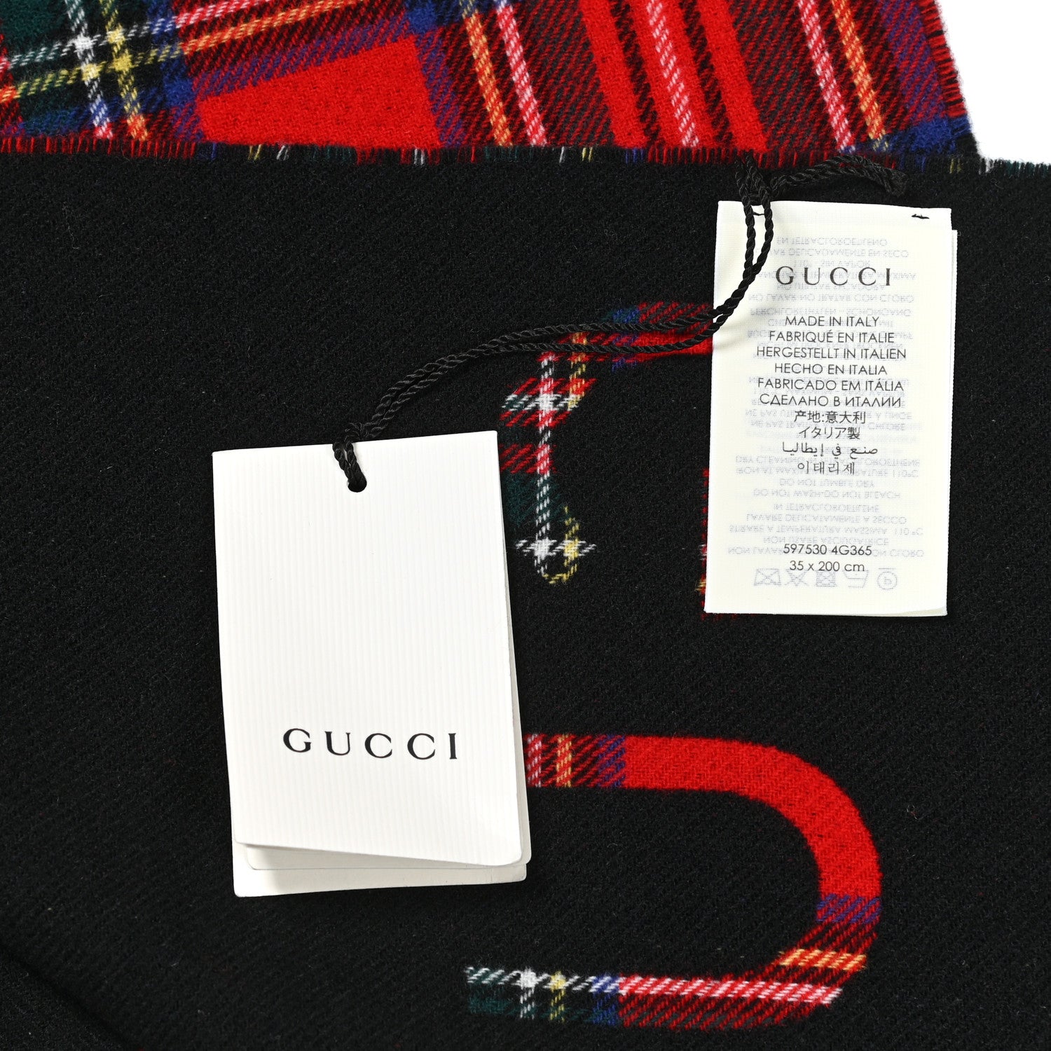 Gucci Cashmere Wool Logo Reversible Tartan Fringe Scarf Red Black 4 of 5