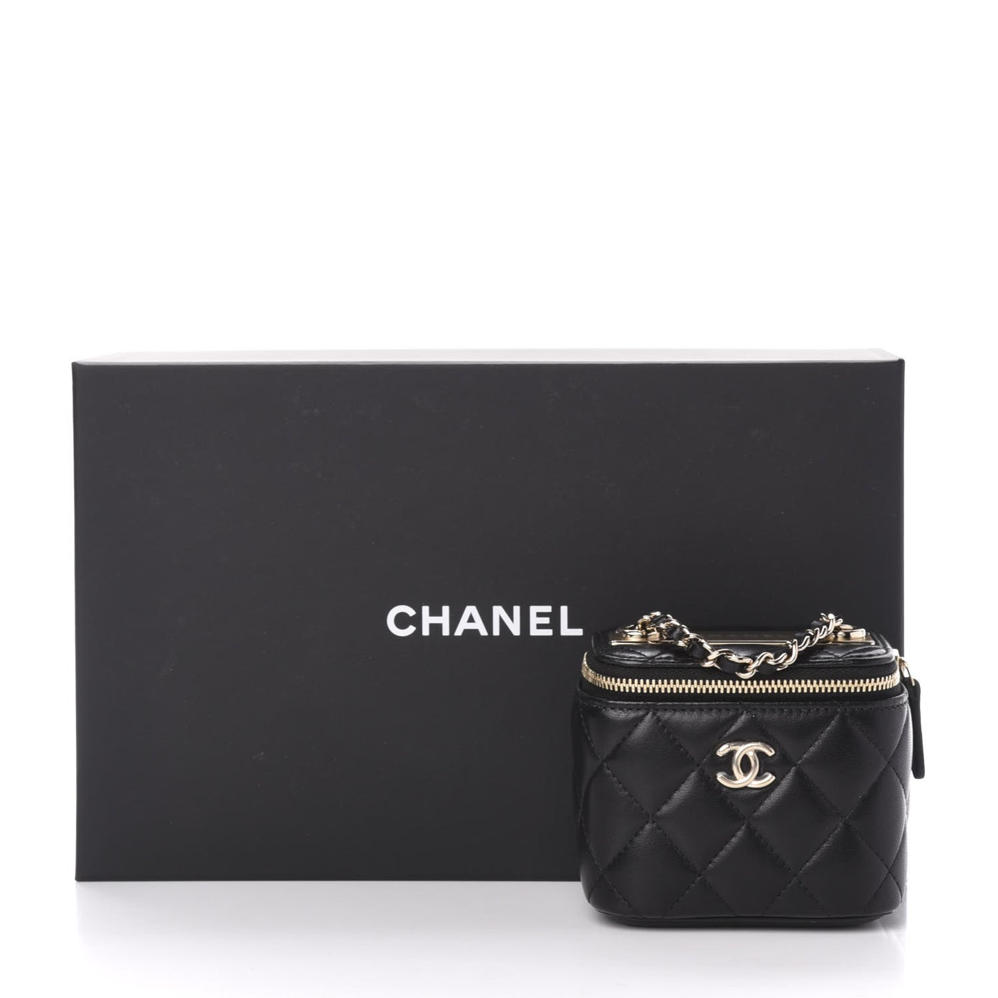 Lambskin Quilted Trendy Mini Vanity Case With Chain Black