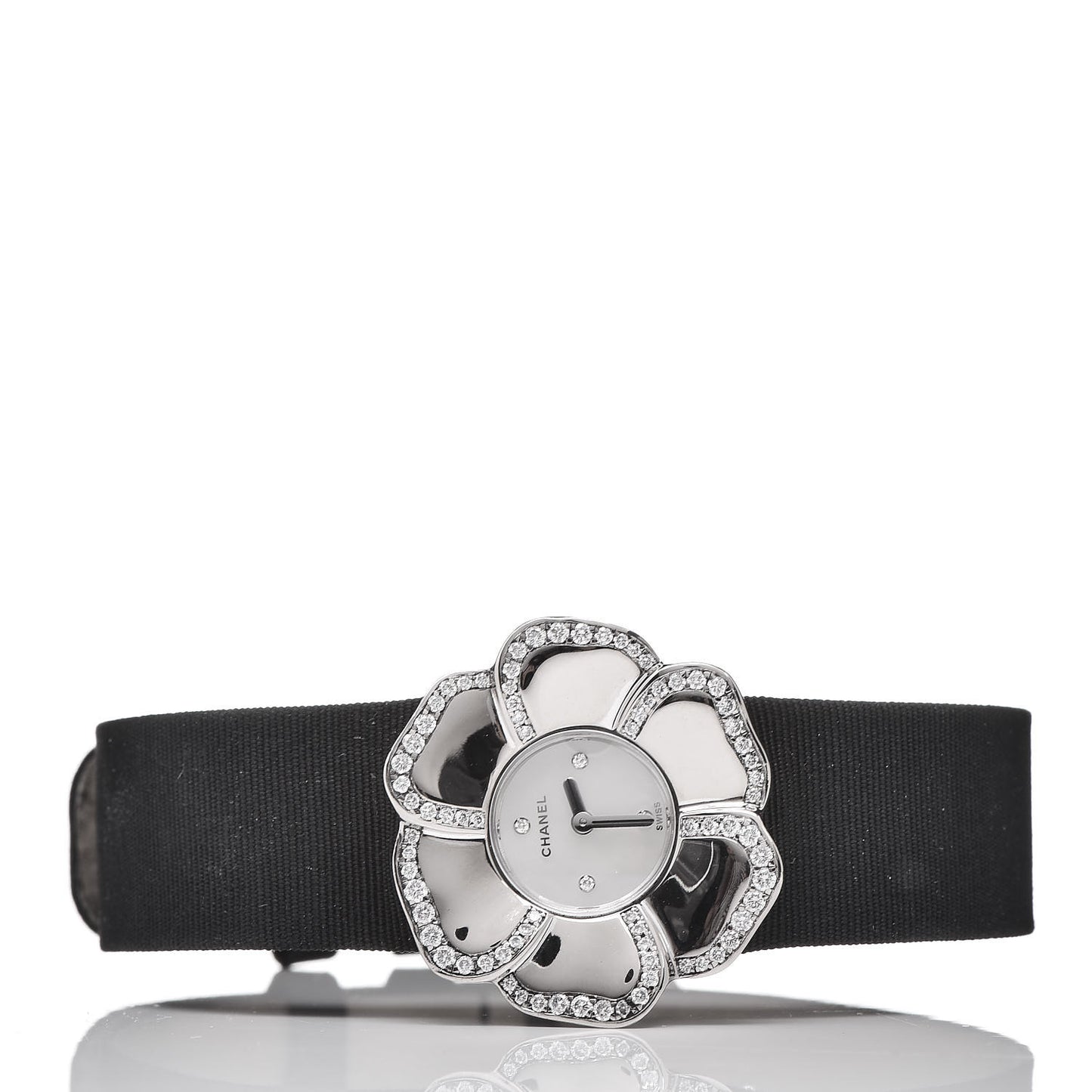 18K White Gold Satin Diamond Mother of Pearl 27mm Camellia Quartz Watch