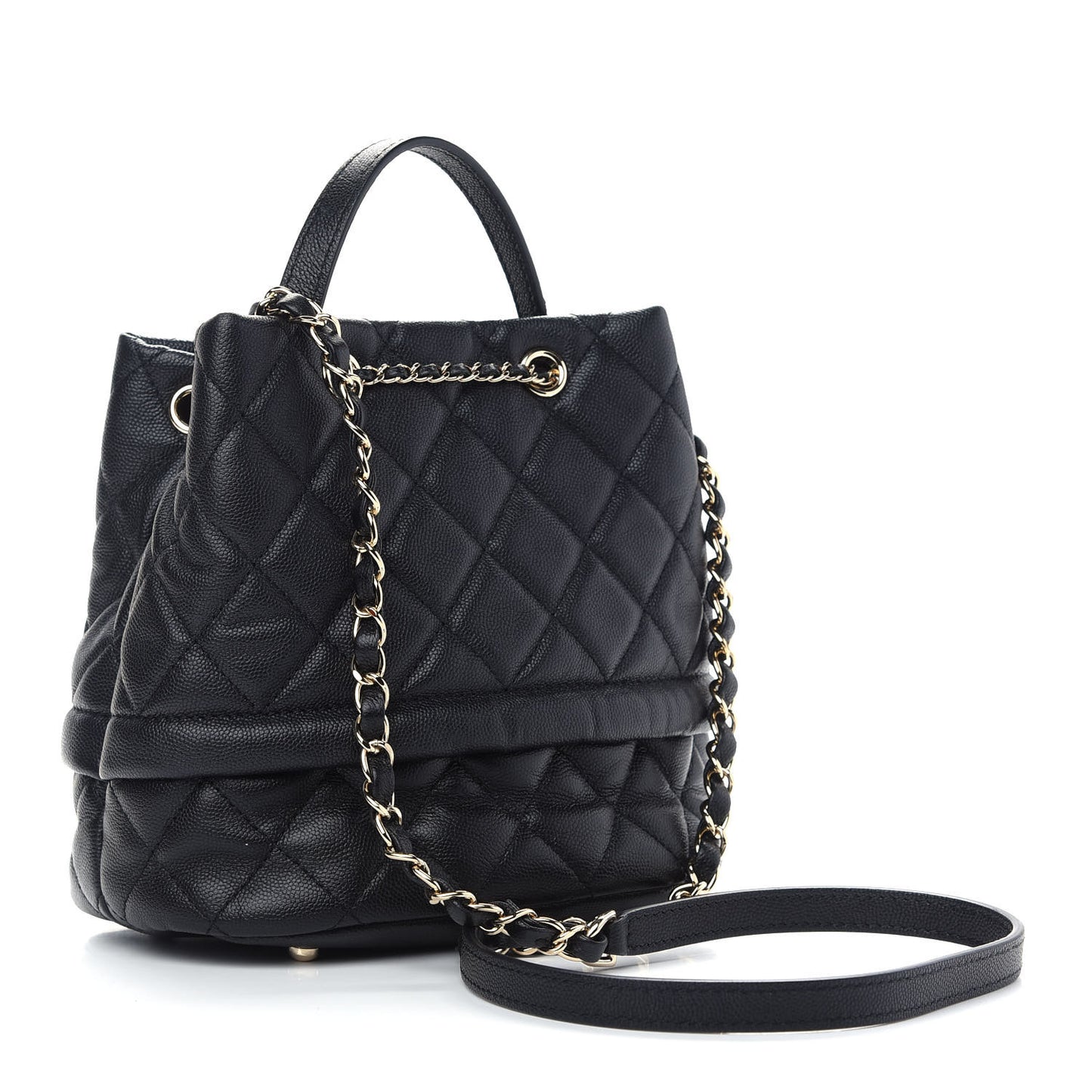 Caviar Quilted Rolled Up Bucket Drawstring Bag Black