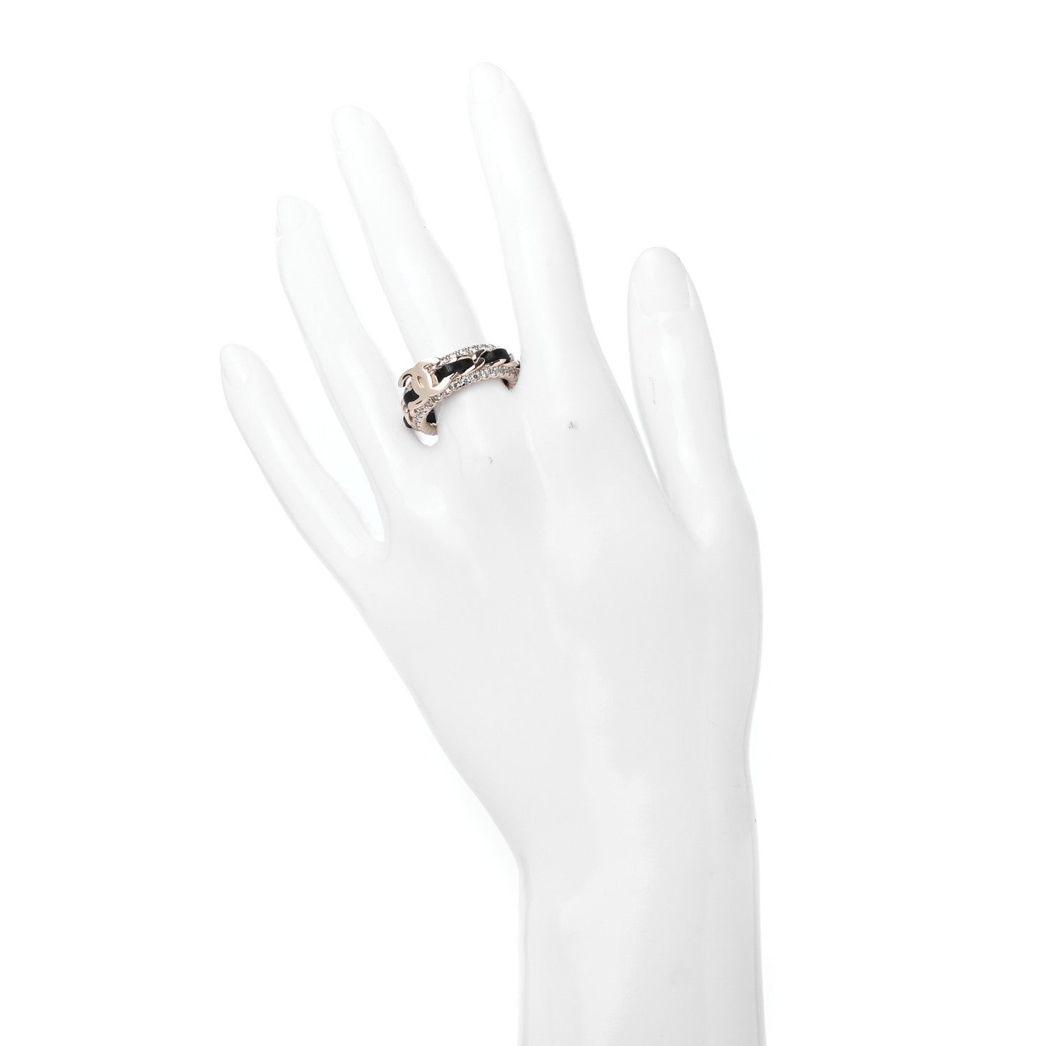 Chanel Metal Crystal Lambskin CC Ring 54 Gold Black 2 of 4