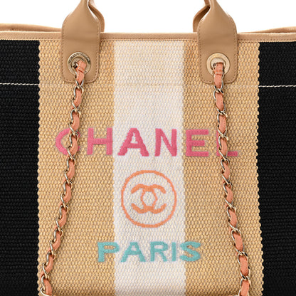 Chanel Straw Raffia Calfskin Striped Medium Deauville Tote Black Beige Ivory 8 of 16