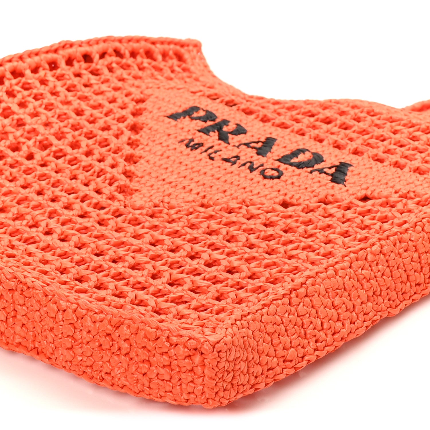 Prada Yarn Raffia Effect Crochet Logo Embroidered Tote Bag Arancio