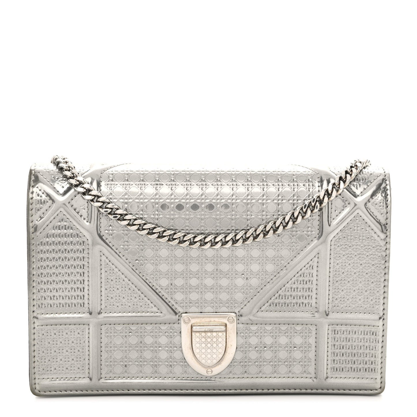 Metallic Patent Micro-Cannage Diorama Wallet on Chain Pouch Silver