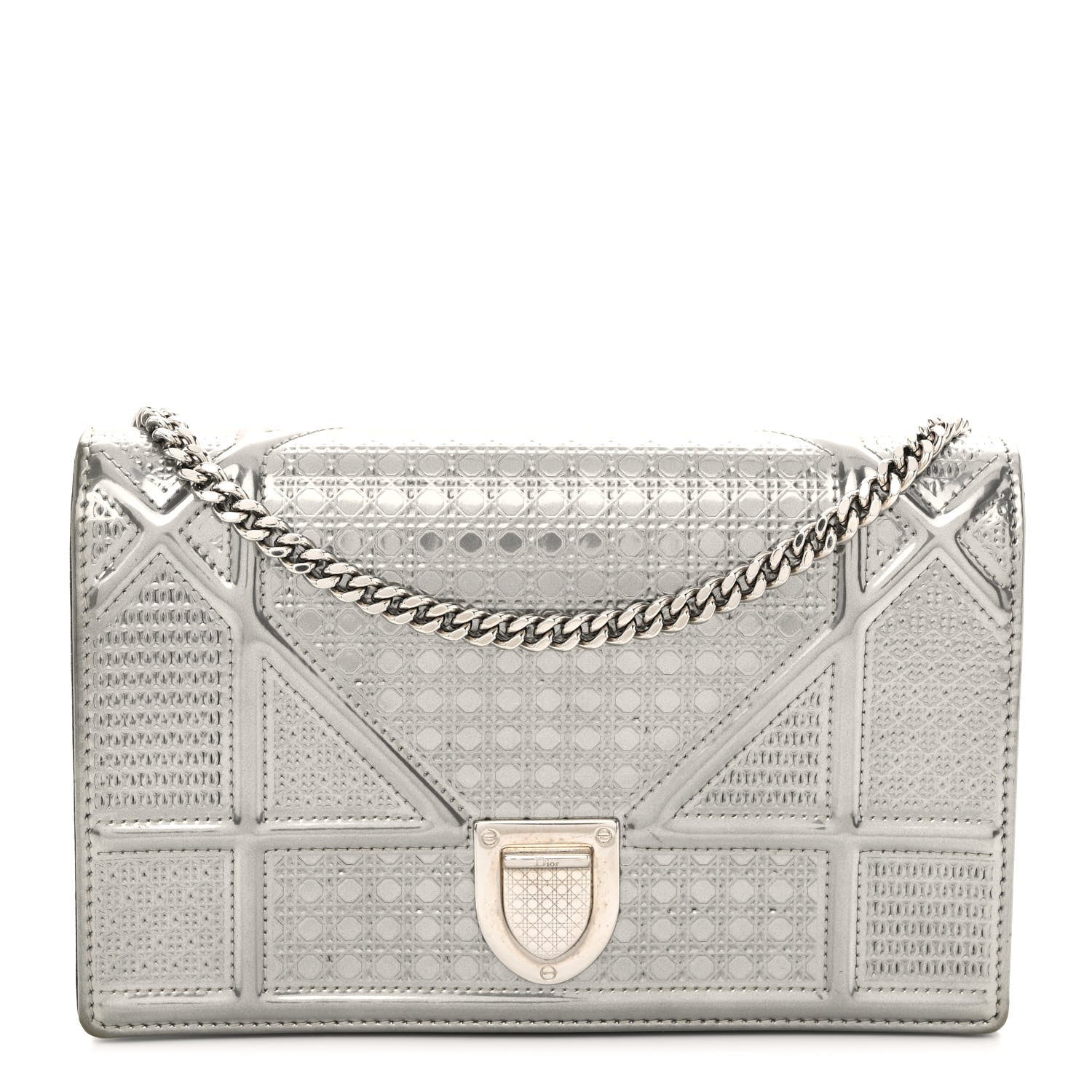 Christian Dior Metallic Patent Micro-Cannage Diorama Wallet on Chain Pouch Silver 1 of 9